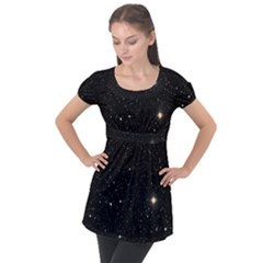 Sky Black Star Night Space Edge Super Dark Universe Puff Sleeve Tunic Top by Cendanart