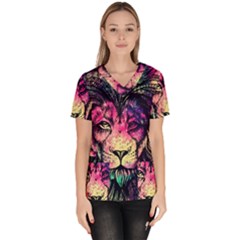 Psychedelic Lion Women s V-neck Scrub Top by Cendanart