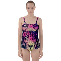 Psychedelic Lion Twist Front Tankini Set by Cendanart