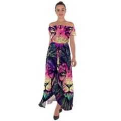 Psychedelic Lion Off Shoulder Open Front Chiffon Dress by Cendanart