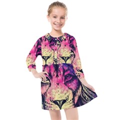 Psychedelic Lion Kids  Quarter Sleeve Shirt Dress by Cendanart