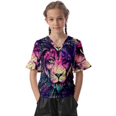 Psychedelic Lion Kids  V-neck Horn Sleeve Blouse by Cendanart