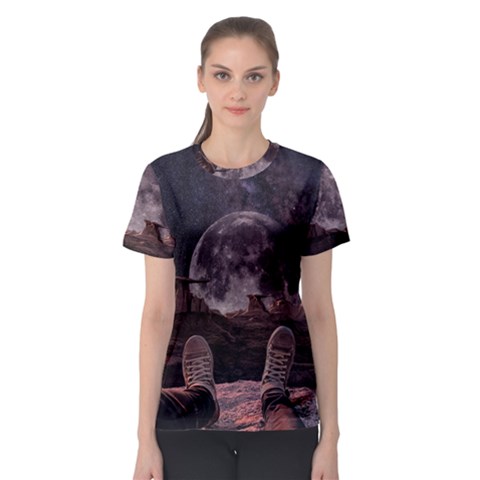 In The Cosmos Moon Sci-fi Space Sky Women s Sport Mesh T-shirt by Cendanart