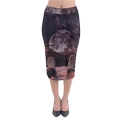 In The Cosmos Moon Sci-fi Space Sky Midi Pencil Skirt by Cendanart