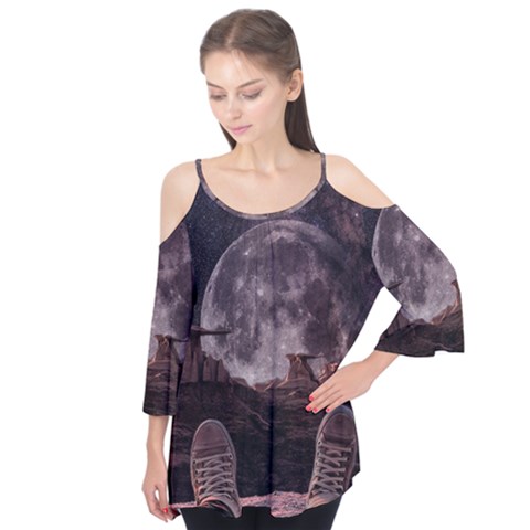 In The Cosmos Moon Sci-fi Space Sky Flutter Sleeve T-shirt  by Cendanart