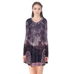 In The Cosmos Moon Sci-fi Space Sky Long Sleeve V-neck Flare Dress by Cendanart