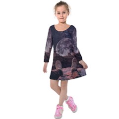 In The Cosmos Moon Sci-fi Space Sky Kids  Long Sleeve Velvet Dress by Cendanart