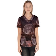 In The Cosmos Moon Sci-fi Space Sky Women s V-neck Scrub Top by Cendanart