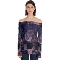 In The Cosmos Moon Sci-fi Space Sky Off Shoulder Long Sleeve Top