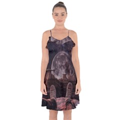 In The Cosmos Moon Sci-fi Space Sky Ruffle Detail Chiffon Dress by Cendanart