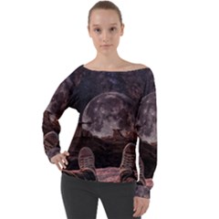 In The Cosmos Moon Sci-fi Space Sky Off Shoulder Long Sleeve Velour Top by Cendanart