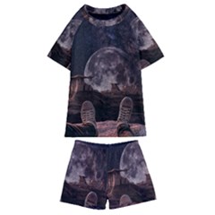 In The Cosmos Moon Sci-fi Space Sky Kids  Swim T-shirt And Shorts Set by Cendanart