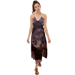 In The Cosmos Moon Sci-fi Space Sky Halter Tie Back Dress  by Cendanart