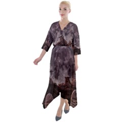 In The Cosmos Moon Sci-fi Space Sky Quarter Sleeve Wrap Front Maxi Dress by Cendanart