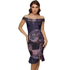 In The Cosmos Moon Sci-fi Space Sky Off Shoulder Ruffle Split Hem Bodycon Dress by Cendanart