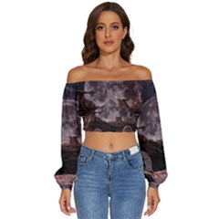 In The Cosmos Moon Sci-fi Space Sky Long Sleeve Crinkled Weave Crop Top by Cendanart