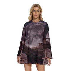 In The Cosmos Moon Sci-fi Space Sky Round Neck Long Sleeve Bohemian Style Chiffon Mini Dress by Cendanart