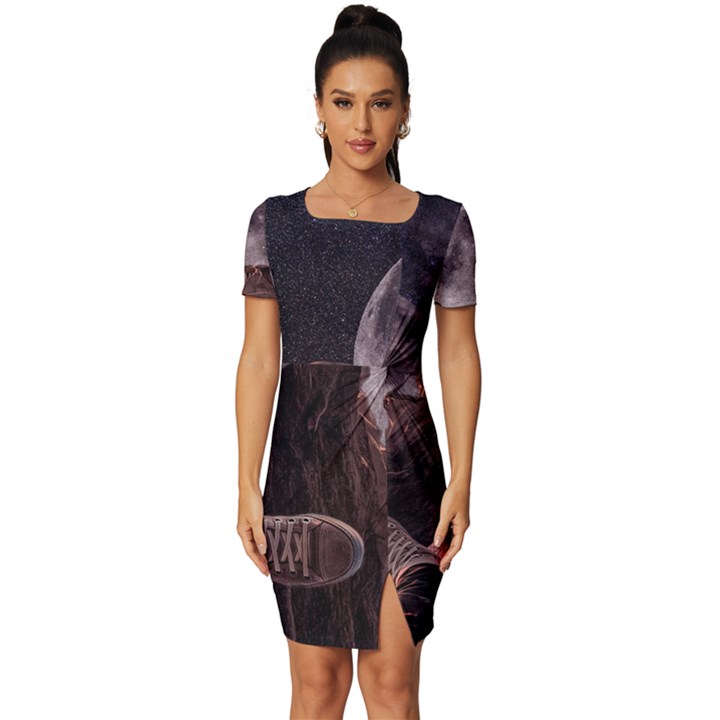 In The Cosmos Moon Sci-fi Space Sky Fitted Knot Split End Bodycon Dress