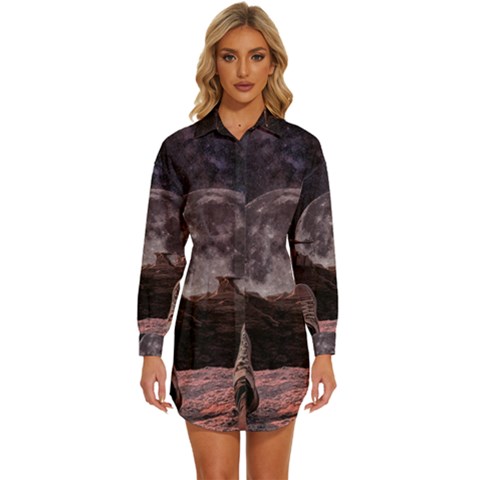 In The Cosmos Moon Sci-fi Space Sky Womens Long Sleeve Shirt Dress by Cendanart