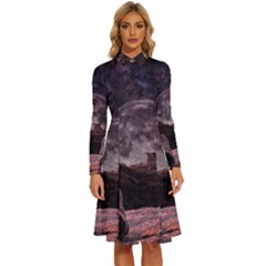 In The Cosmos Moon Sci-fi Space Sky Long Sleeve Shirt Collar A-line Dress by Cendanart