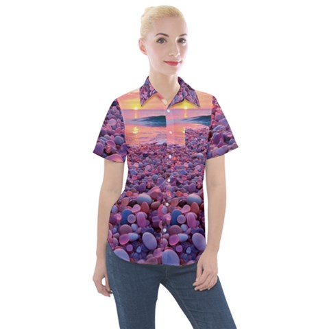 Sea Beach Water Sunset Ocean Women s Short Sleeve Pocket Shirt by Ndabl3x