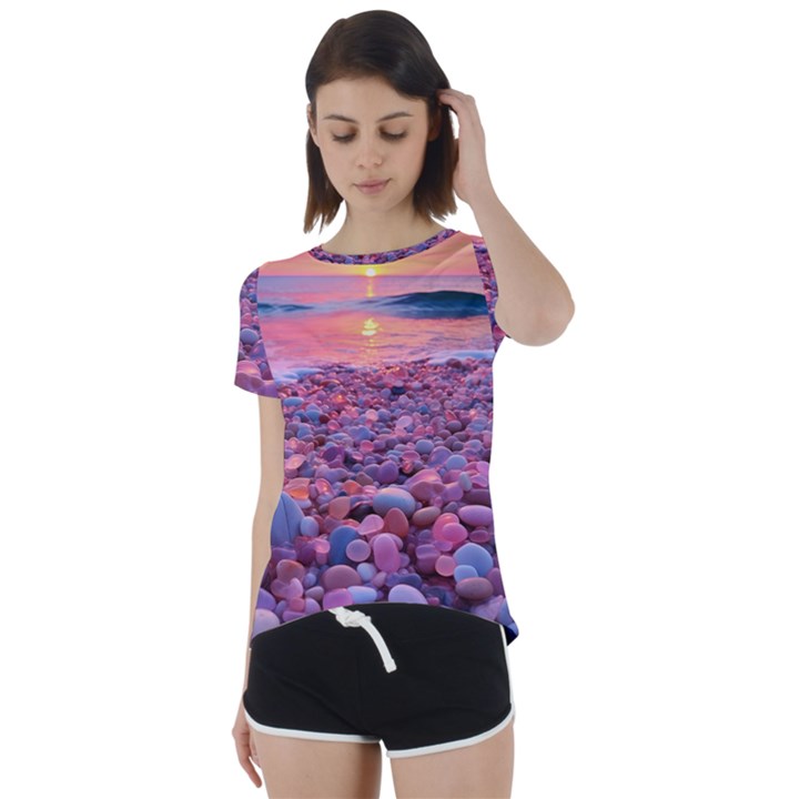 Sea Beach Water Sunset Ocean Short Sleeve Open Back T-Shirt