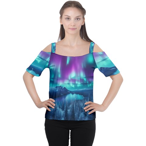 Lake Aurora Borealis Cutout Shoulder T-shirt by Ndabl3x