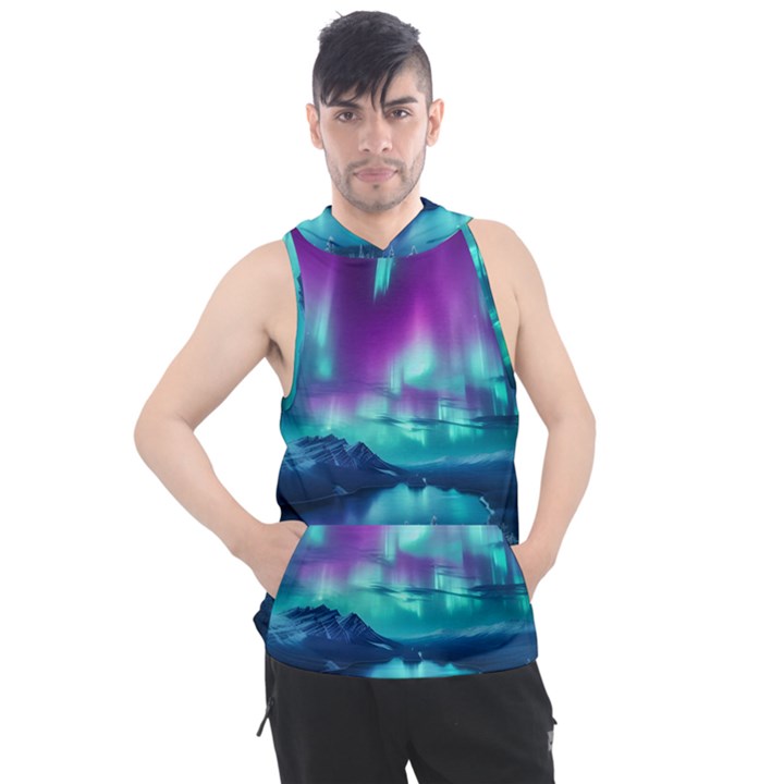 Lake Aurora Borealis Men s Sleeveless Hoodie