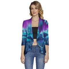 Lake Aurora Borealis Women s 3/4 Sleeve Ruffle Edge Open Front Jacket by Ndabl3x