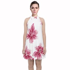 Hawaiian Flowers Velvet Halter Neckline Dress 