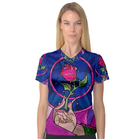 Enchanted Rose Stained Glass V-neck Sport Mesh T-shirt by Cendanart