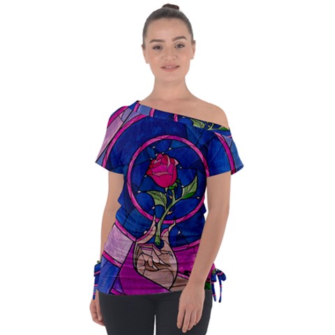 Enchanted Rose Stained Glass Off Shoulder Tie-up T-shirt by Cendanart