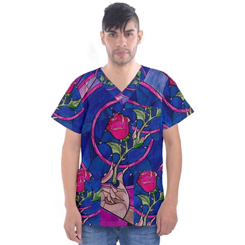 Enchanted Rose Stained Glass Men s V-neck Scrub Top by Cendanart