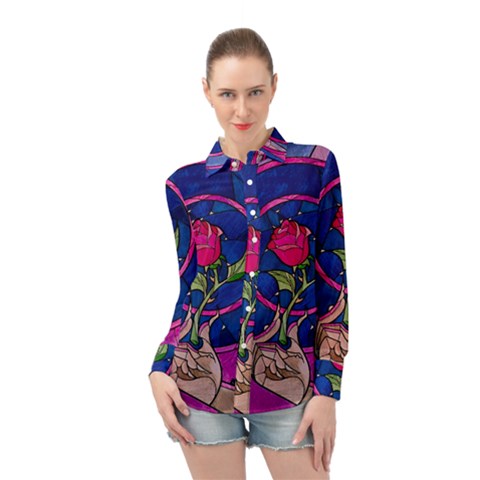 Enchanted Rose Stained Glass Long Sleeve Chiffon Shirt by Cendanart