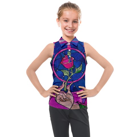 Enchanted Rose Stained Glass Kids  Sleeveless Polo T-shirt by Cendanart