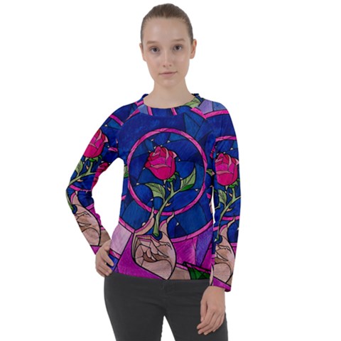 Enchanted Rose Stained Glass Women s Long Sleeve Raglan T-shirt by Cendanart