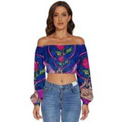 Enchanted Rose Stained Glass Long Sleeve Crinkled Weave Crop Top