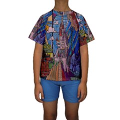 Castle Building Stained Glass Kids  Short Sleeve Swimwear by Cendanart