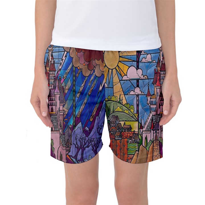 Castle Building Stained Glass Women s Basketball Shorts