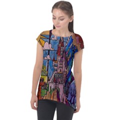 Castle Building Stained Glass Cap Sleeve High Low Top by Cendanart