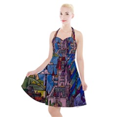 Castle Building Stained Glass Halter Party Swing Dress  by Cendanart