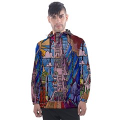 Castle Building Stained Glass Men s Front Pocket Pullover Windbreaker by Cendanart