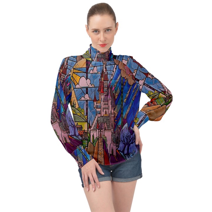 Castle Building Stained Glass High Neck Long Sleeve Chiffon Top