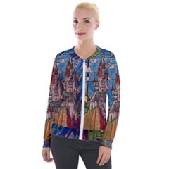 Castle Building Stained Glass Velvet Zip Up Jacket by Cendanart