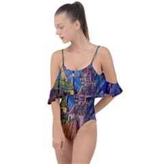 Castle Building Stained Glass Drape Piece Swimsuit by Cendanart