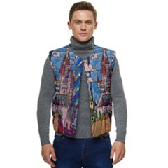 Castle Building Stained Glass Men s Button Up Puffer Vest	 by Cendanart