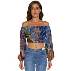 Castle Building Stained Glass Long Sleeve Crinkled Weave Crop Top