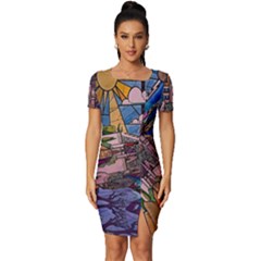 Castle Building Stained Glass Fitted Knot Split End Bodycon Dress by Cendanart