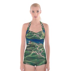 Coast Aerial View Beautiful Landscape Nature Ocean Road Graphy Aerial Coast Drone Boyleg Halter Swimsuit  by Bedest