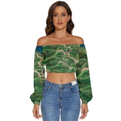 Coast Aerial View Beautiful Landscape Nature Ocean Road Graphy Aerial Coast Drone Long Sleeve Crinkled Weave Crop Top by Bedest